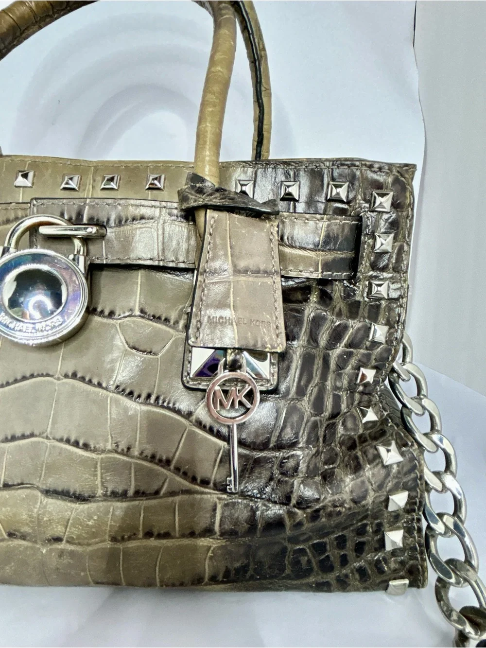 Michael Kors Hamilton Studded Ombre Gray Crocodile Croc Leather Purse Satchel